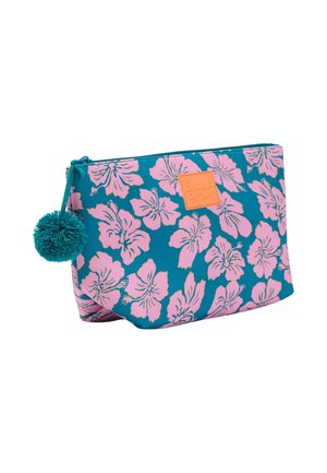 Bustina blu con cerniera con motivo di fiori di ibisco rosa, tiralampo con pon pon turchese e piccolo patch logo quadrato arancione.