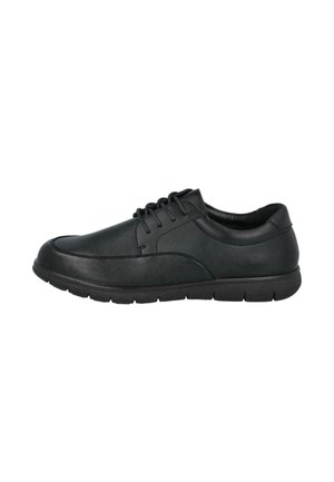 Zapato de hombre negro de cuero con cordones, suela acolchada y puntera redondeada, mostrado de lado sobre fondo blanco.