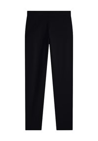 Pantalones negros hechos de una tela suave y tejida. Presentan un diseño de corte recto con una cinturilla plana y sin acentos ni patrones visibles.