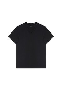 Czarna koszulka z dekoltem w serek, krótki rękaw, wykonana z gładkiej bawełny, o prostym kroju bez wzorów czy akcentów.