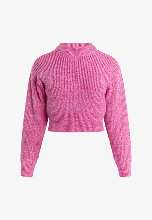 Pink knitted cropped sweater with ribbed texture, high neck, and long sleeves. Features a soft, slightly stretchy fabric.
