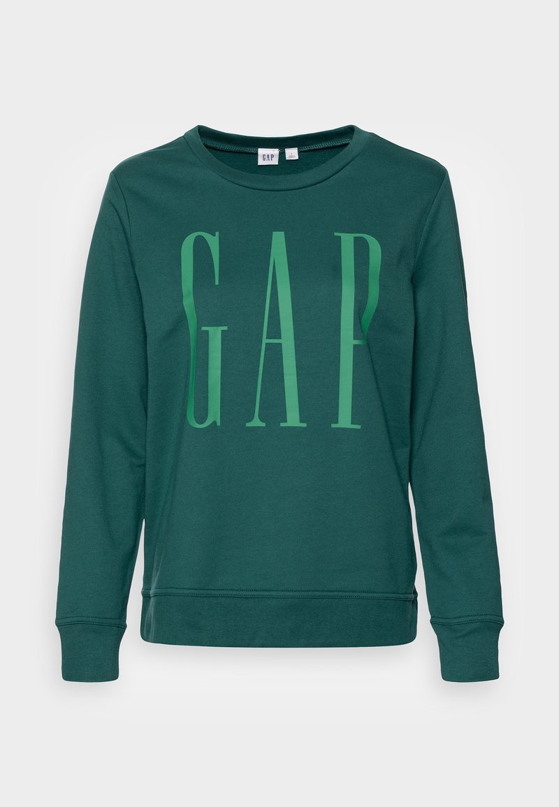 Sudadera verde de manga larga, con un gran logo de "GAP" en verde más claro. Confeccionada en tejido suave, tiene un cuello redondo y puños acanalados.