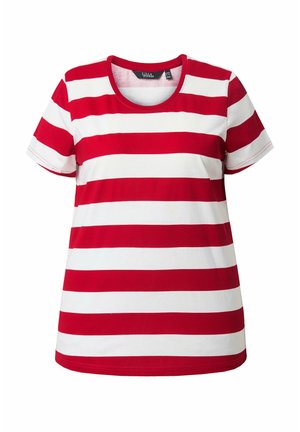 Korte mouwen shirt met brede horizontale rode en witte strepen en een ronde hals, plat uitgestald op een witte achtergrond.