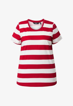 Koszula z krótkim rękawem z szerokimi, poziomymi czerwono-białymi paskami i okrągłym dekoltem, wyłożona płasko na białym tle.