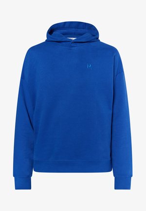 Kék kapucnis pulcsi textúrált anyagból. Kanguru zseb, fűzős kapucni és kis hímzett logó található a mellrészen.