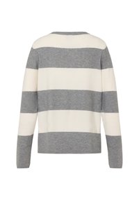 Grau-weiß gestreifter Pullover aus weichem Strickmaterial. Mit rundem Ausschnitt und langen Ärmeln mit gerippten Bündchen.