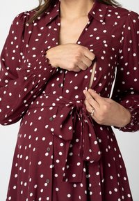 Burgunderfärgad klänning med vita prickar, knappar framtill och knytband i midjan. Långa ärmar med samlade manschetter, tyget verkar mjukt och något texturerat.