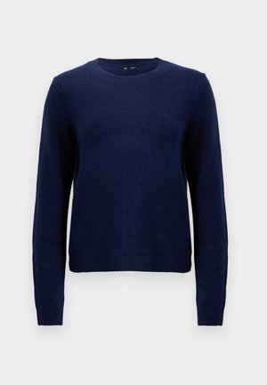 Suéter azul marinho feito de um tecido de malha macio. Apresenta um decote redondo e punhos e bainha canelados. Design simples e clássico.