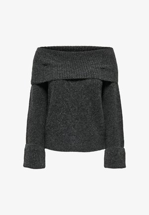 Off-the-shoulder grey sweater made of textured knit fabric, featuring long sleeves with wide cuffs and a loose, relaxed fit.