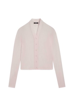 Cardigan rosa lavorato a maglia con maniche lunghe, scollo a V, chiusura con sei bottoni e vestibilità corta. Tessuto morbido senza motivi o accenti visibili.