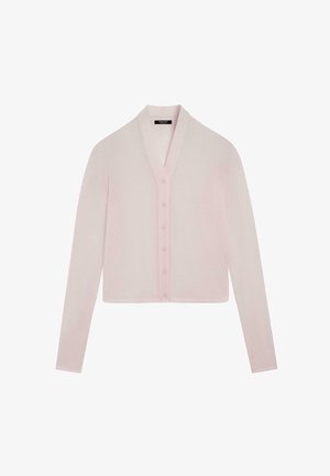 Cardigan rosa lavorato a maglia con maniche lunghe, scollo a V, chiusura con sei bottoni e vestibilità corta. Tessuto morbido senza motivi o accenti visibili.