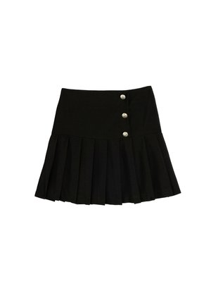 Zwarte geplooide rok van stof, met een aansluitende taille en drie zilveren knopen aan de voorkant. Eenvoudig ontwerp met een uitlopende zoom.