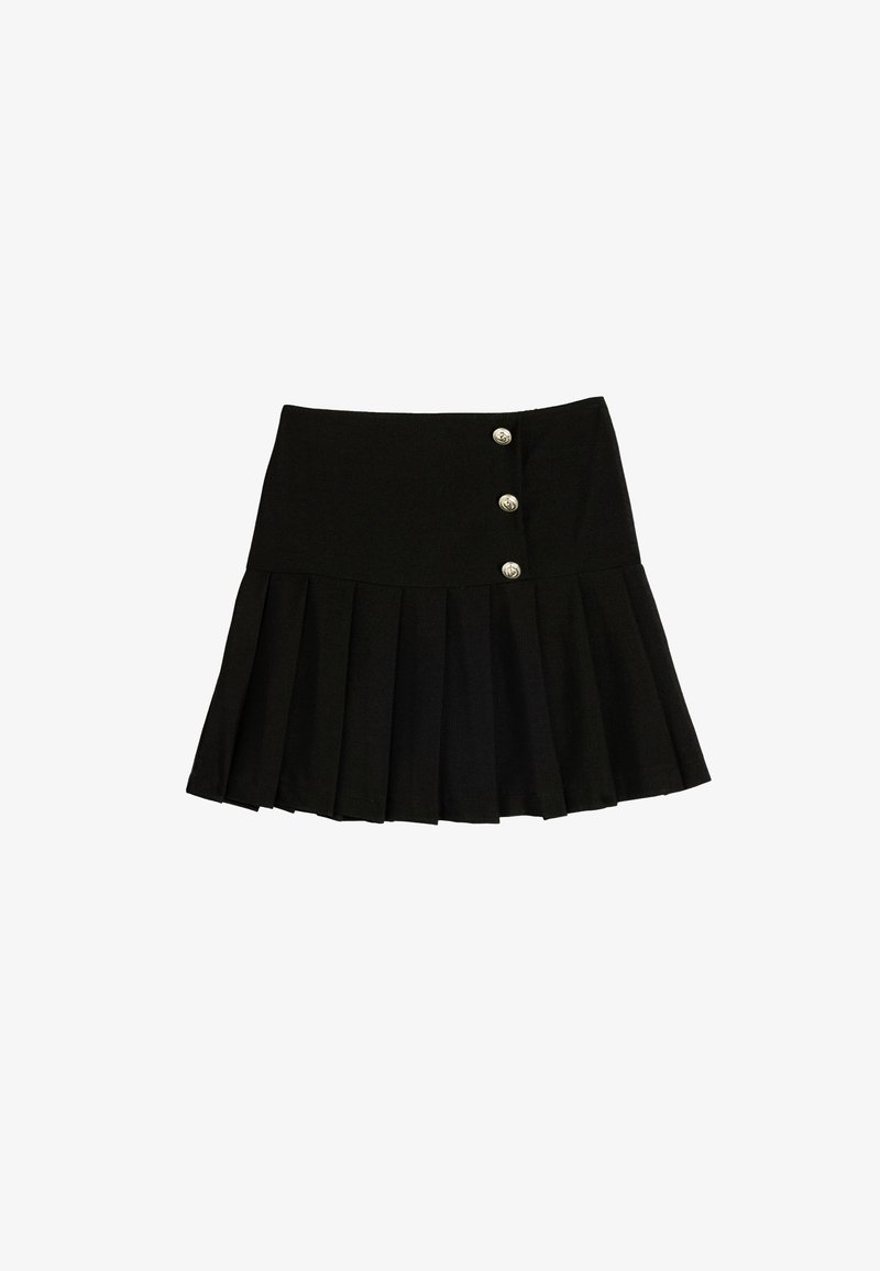 Zwarte geplooide rok van stof, met een aansluitende taille en drie zilveren knopen aan de voorkant. Eenvoudig ontwerp met een uitlopende zoom.