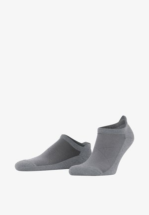 Gray ankle socks made of a soft material. Feature a textured design with a ribbed cuff, rounded toe, and reinforced heel area for durability.