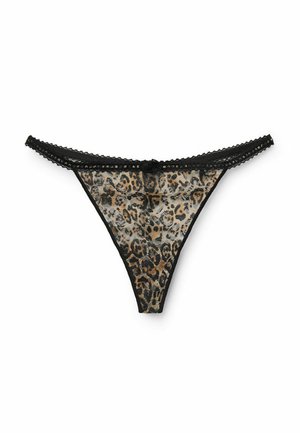 Leopard-print lace thong with black trim, featuring a small bow at the front and intricate lace detailing along the edges.