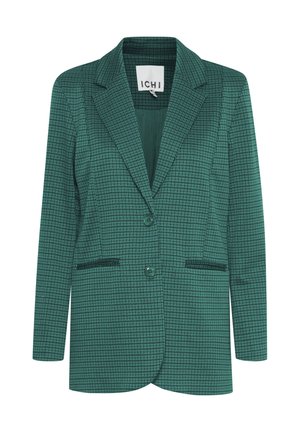 Blazer de cuadros verdes con solapa con muesca, dos botones y bolsillos frontales. Tejido liso con una textura sutil y corte entallado.