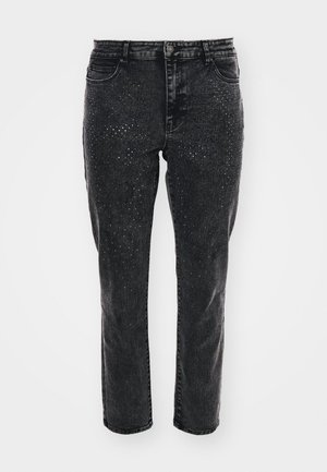 Černé džíny z denimu s rovnými nohavicemi, které mají na přední straně ozdobné kamínky pro zvýraznění. Klasický design s pěti kapsami.