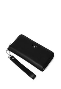 Black leather wallet with a zip closure, featuring a silver logo detail and a detachable wrist strap. Smooth texture and rectangular shape.
