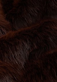 Gros plan d'une texture de pelage doux brun foncé avec des poils denses, fins et des reflets lumineux subtils.