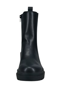 Black ankle boot with a smooth, shiny finish, side zipper, and a sturdy rubber sole. Features a loop at the back for easy wear.