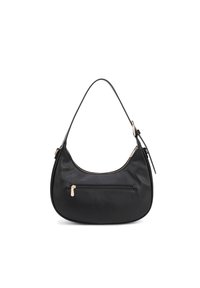 Sac à bandoulière en cuir noir avec une forme arrondie, doté d'une fermeture à glissière sur le dessus, de quincaillerie dorée et d'une poche avant zippée. Texture lisse.