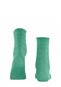 Groene katoenen sokken met een gestructureerd ruitpatroon, voorzien van een ribgebreide boord en een gladde afwerking. Hielgrootte aangegeven aan de zijkant.