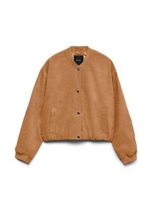 Giacca bomber in suede marrone chiaro con bottoni a scatto, colletto e polsini a coste, due tasche laterali e orlo elasticizzato.