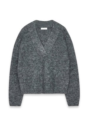 Cardigan en maille gris foncé avec des manches longues, décolleté en V et un motif texturé, présenté à plat sur un fond blanc.