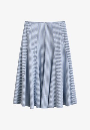 Niebiesko-biała plisowana spódnica midi w pionowe pasy, o rozkloszowanym fasonie i z pasem w talii.