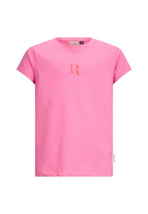 T-shirt a maniche corte rosa in cotone con collo rotondo. Presenta un logo "R" arancione a contrasto sul petto. Design semplice e lineare.