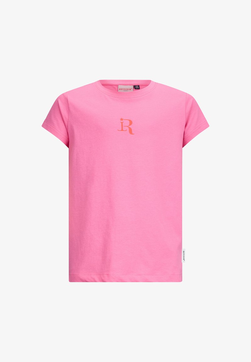 T-shirt a maniche corte rosa in cotone con collo rotondo. Presenta un logo "R" arancione a contrasto sul petto. Design semplice e lineare.