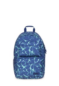 Sac à dos bleu avec motif de vagues d'eau, deux poches avant zippées, une poche latérale en mesh et une poignée supérieure.