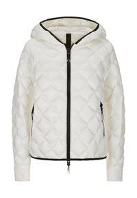 Weißer Puffermantel mit einem diamantförmigen Steppmuster, schwarzem Reißverschluss, Kapuze und Bündchen. Verfügt über seitliche Taschen mit Reißverschlüssen und einer kontrastierenden Kante.