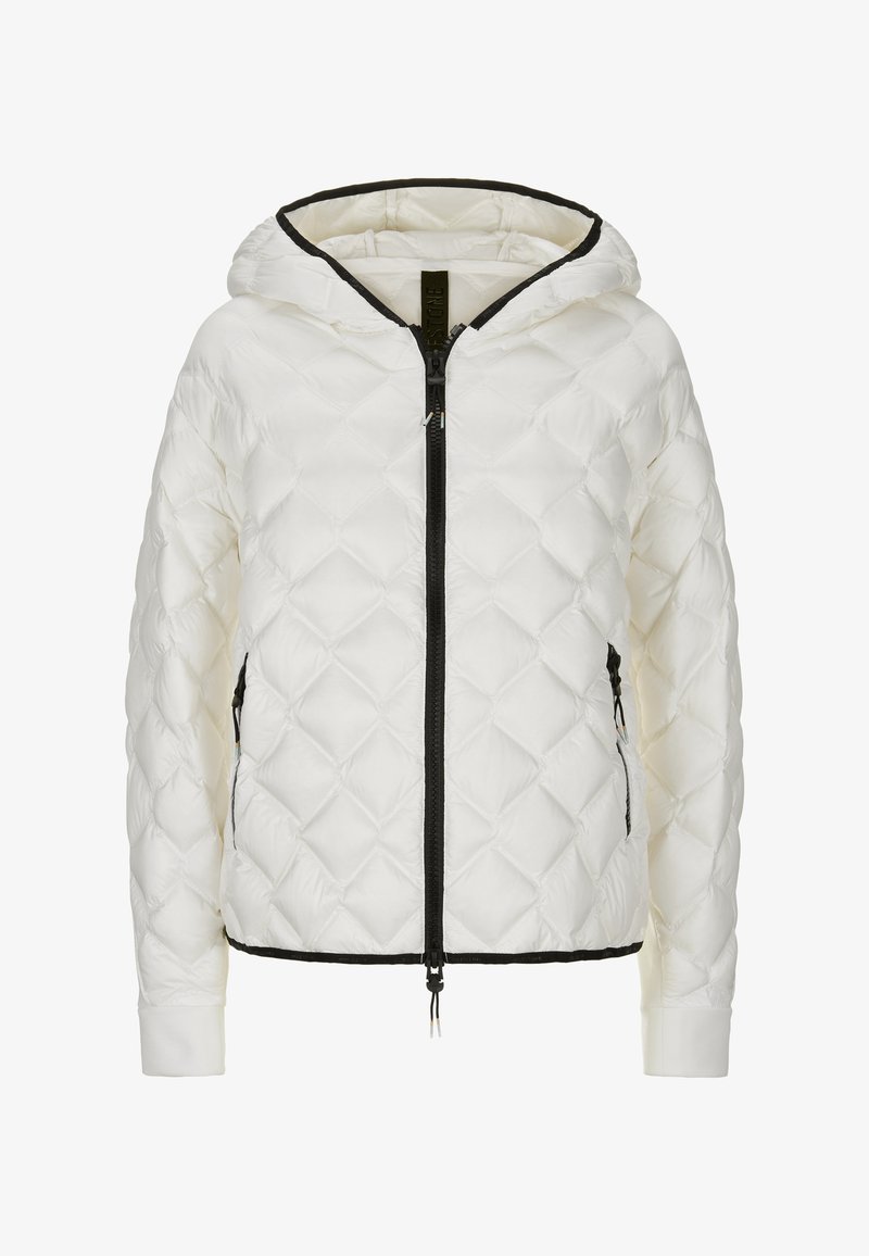 Weißer Puffermantel mit einem diamantförmigen Steppmuster, schwarzem Reißverschluss, Kapuze und Bündchen. Verfügt über seitliche Taschen mit Reißverschlüssen und einer kontrastierenden Kante.