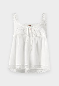 Witte mouwloze top met kantdetails op de halslijn en bandjes, sluiting met strik aan de voorkant en kantafwerking aan de onderrand. Lichtgewicht stof.