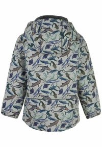 Børnejakke med grå baggrund og et farverigt mønster af fisk og hajer. Den har hætte og elastiske manchetter for komfort.