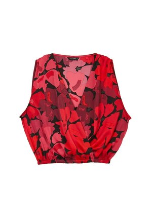 Ärmelloses rotes und schwarzes geblümtes Crop-Top mit V-Ausschnitt und gerafftem elastischem Saum, aus leichtem Stoff gefertigt.
