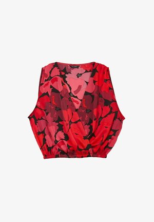 Top corto sin mangas de flores rojas y negras con escote en V y dobladillo elástico fruncido, hecho de tejido ligero.