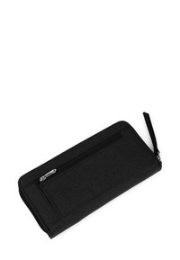 Zippered black wallet made of textured fabric; features a slim rectangular design and an additional zippered pocket on the front.