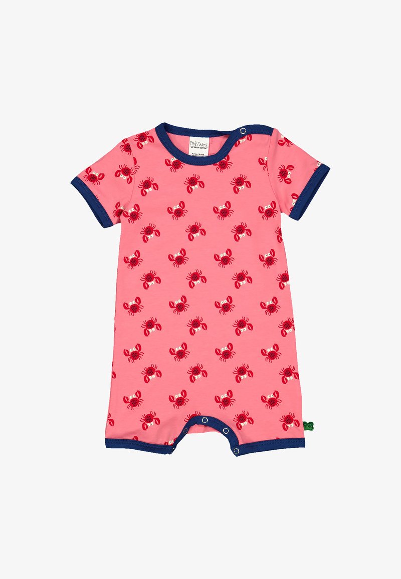 Roze kortgeleden rompertje met een patroon van rode krabben, marineblauwe afwerking en drukknoopsluitingen onderaan voor gemakkelijk aankleden.