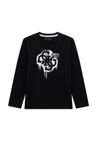 Maglietta nera a maniche lunghe con collo rotondo, caratterizzata da un design del logo in stile graffiti bianco e un effetto vernice che cola sul davanti.