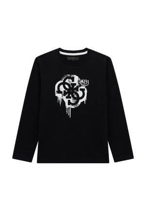 Maglietta nera a maniche lunghe con collo rotondo, caratterizzata da un design del logo in stile graffiti bianco e un effetto vernice che cola sul davanti.