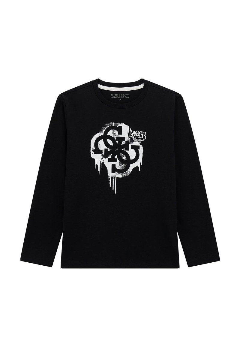 Maglietta nera a maniche lunghe con collo rotondo, caratterizzata da un design del logo in stile graffiti bianco e un effetto vernice che cola sul davanti.