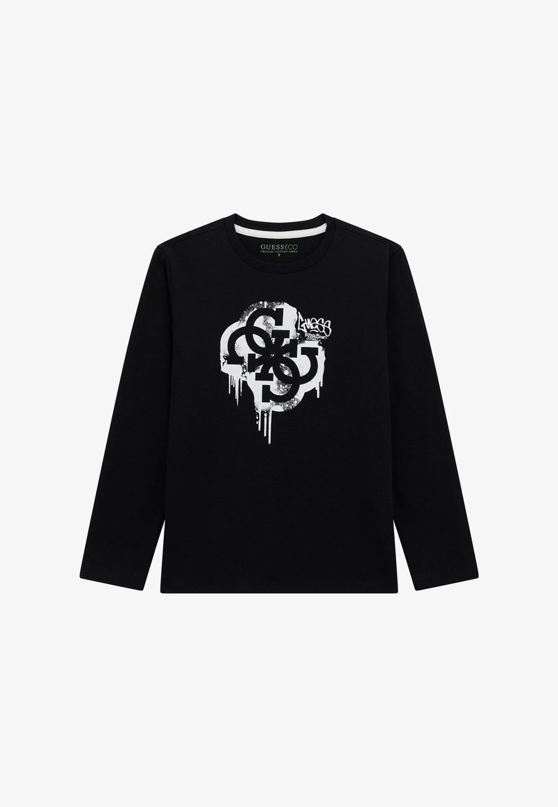 Black long-sleeve shirt with a round neck, featuring a white graffiti-style logo design and dripping paint effect on the front.