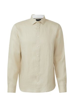 Beżowa koszula z długim rękawem, zapinana na guziki, z ostro zakończonym kołnierzykiem, wykonana z lekkiego materiału, pokazana z przodu na białym tle.