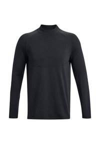 Schwarzes Langarm-Mock-Neck-Shirt aus einem strukturierten Stoff. Verfügt über Raglanärmel und eine glatte Oberfläche im Körperbereich.