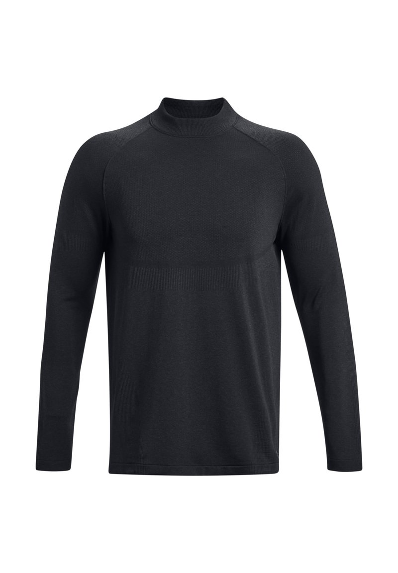 Schwarzes Langarm-Mock-Neck-Shirt aus einem strukturierten Stoff. Verfügt über Raglanärmel und eine glatte Oberfläche im Körperbereich.