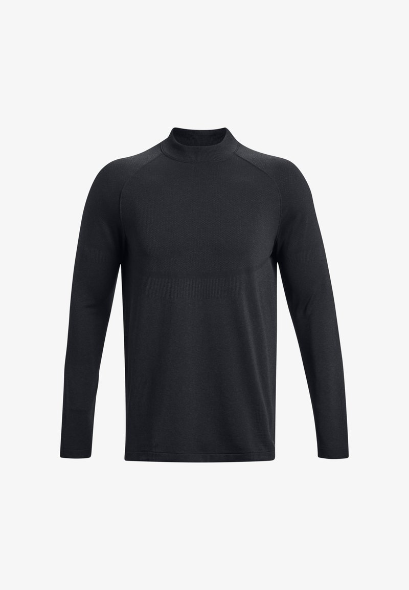 Maglietta nera a maniche lunghe con collo alto, realizzata in un tessuto testurizzato. Presenta maniche raglan e una finitura liscia su tutto il corpo.