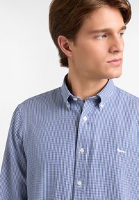 Ung man med ljust brunt hår som bär en blå och vit rutiga skjorta med knappar, som ser åt höger mot en vit bakgrund.