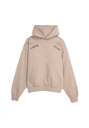Beżowy sweatshirt z kapturem i kieszenią kangurką. Zawiera czarny nadruk z napisem "rethink" i "things". Wykonany z miękkiego materiału z ściągaczami przy mankietach.